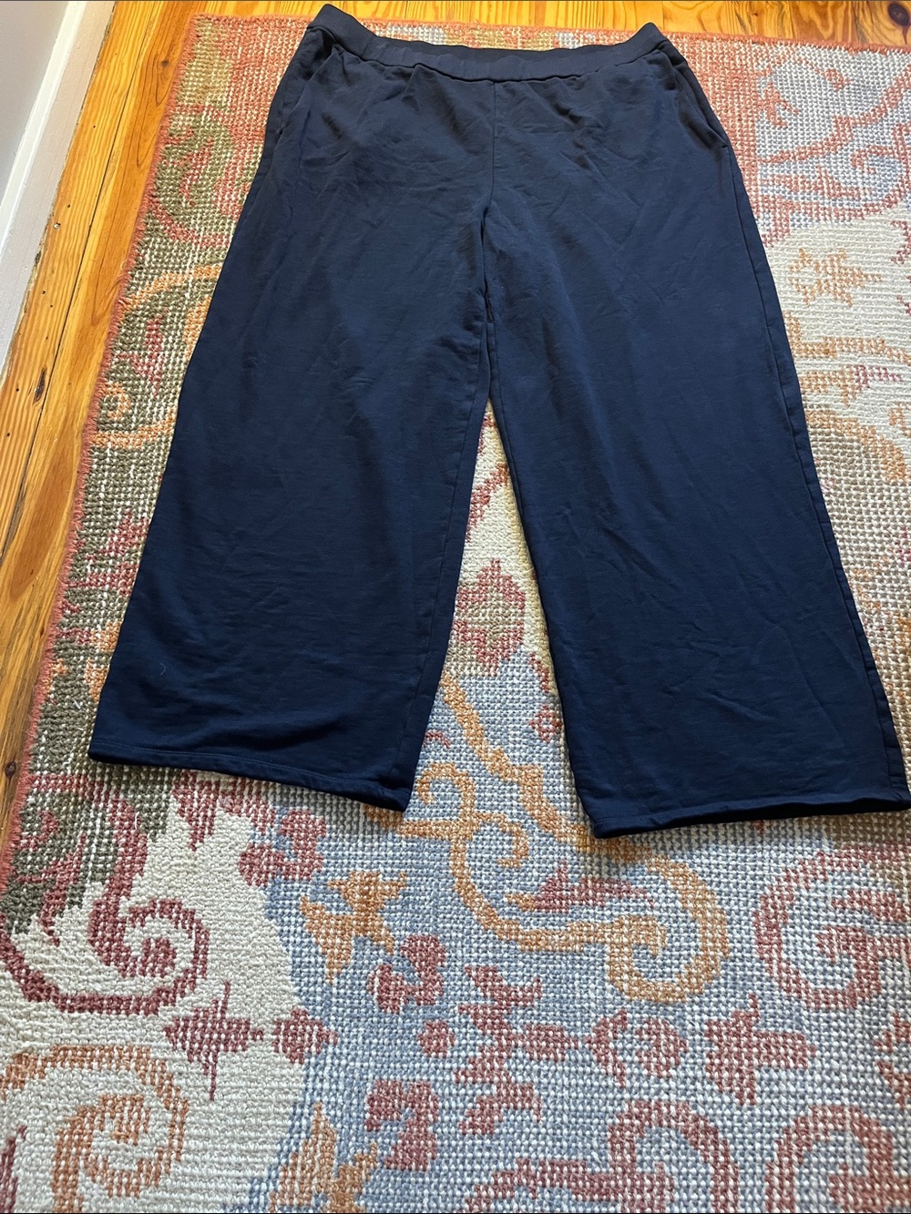 Eileen Fisher Organic Cotton Wide Leg Cropped Pants Navy Blue Size L